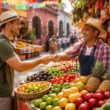 A local vendor and tourist exchanging money at a colorful Mexican street market with fresh produce and traditional buildings in the background.