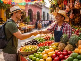 A local vendor and tourist exchanging money at a colorful Mexican street market with fresh produce and traditional buildings in the background.
