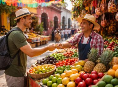 A local vendor and tourist exchanging money at a colorful Mexican street market with fresh produce and traditional buildings in the background.