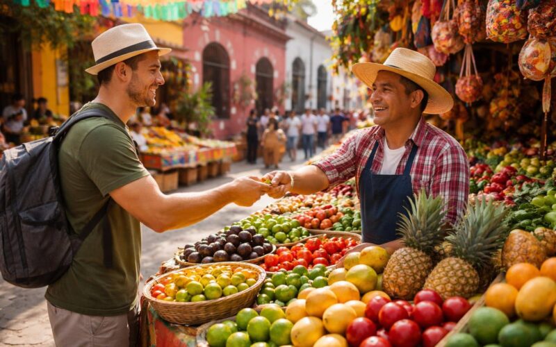 A local vendor and tourist exchanging money at a colorful Mexican street market with fresh produce and traditional buildings in the background.