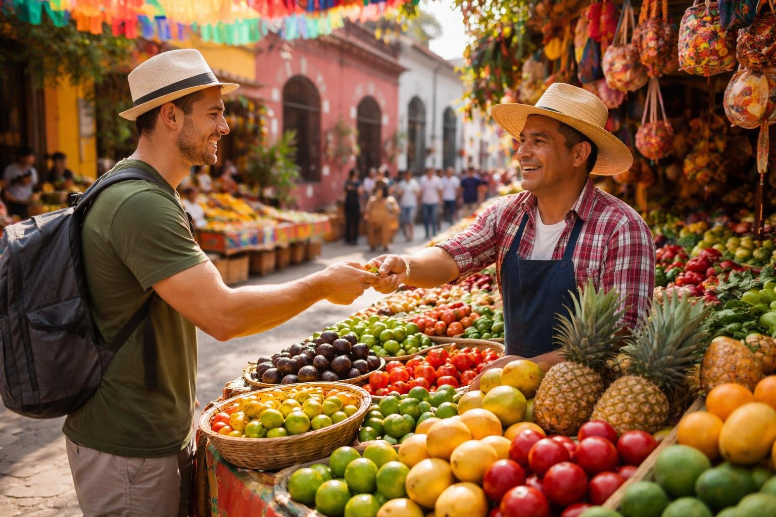 A local vendor and tourist exchanging money at a colorful Mexican street market with fresh produce and traditional buildings in the background.