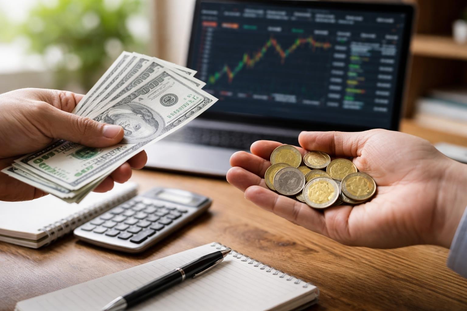 Hands exchanging US dollar bills and Mexican peso coins on a table with a laptop showing currency charts in the background.
