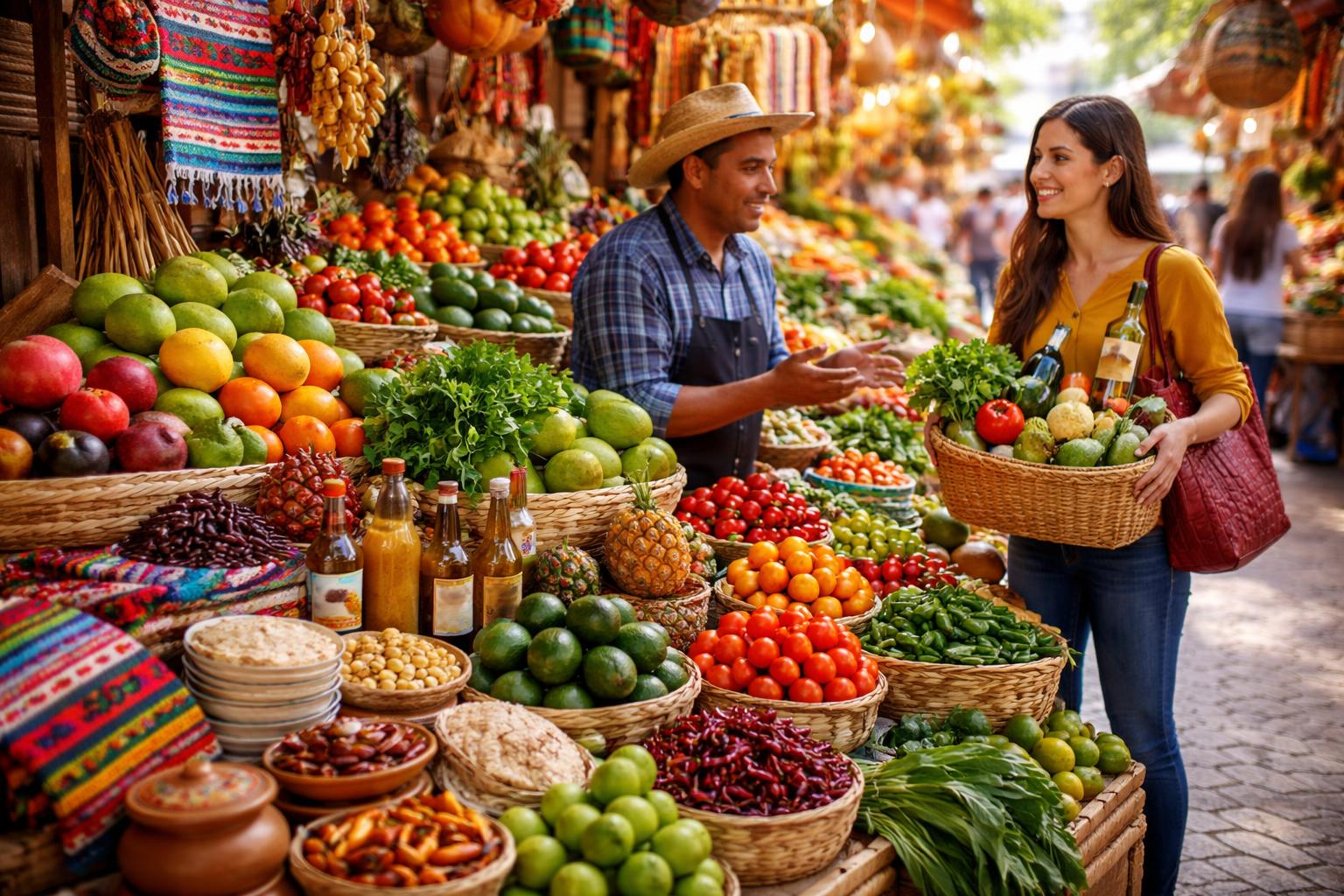 A busy Mexican market stall with fresh produce, handcrafted goods, and a vendor interacting with a customer holding a shopping basket full of items.