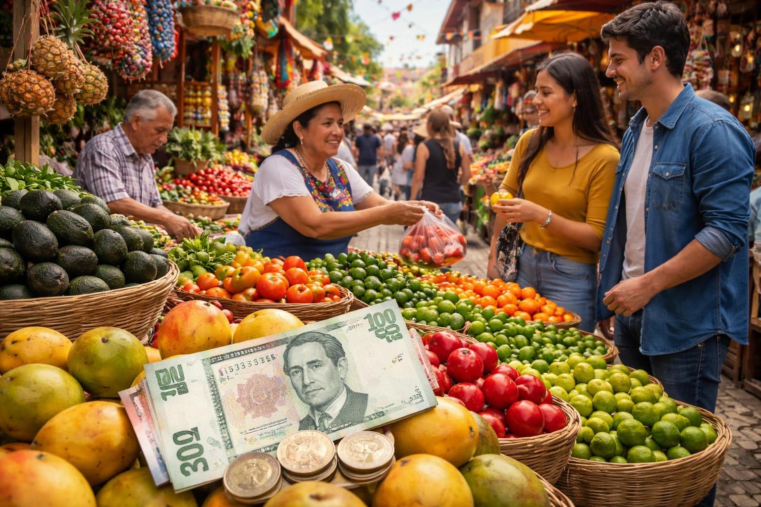 A busy outdoor market in Mexico with people shopping for fresh fruits, vegetables, and local goods at colorful stalls.