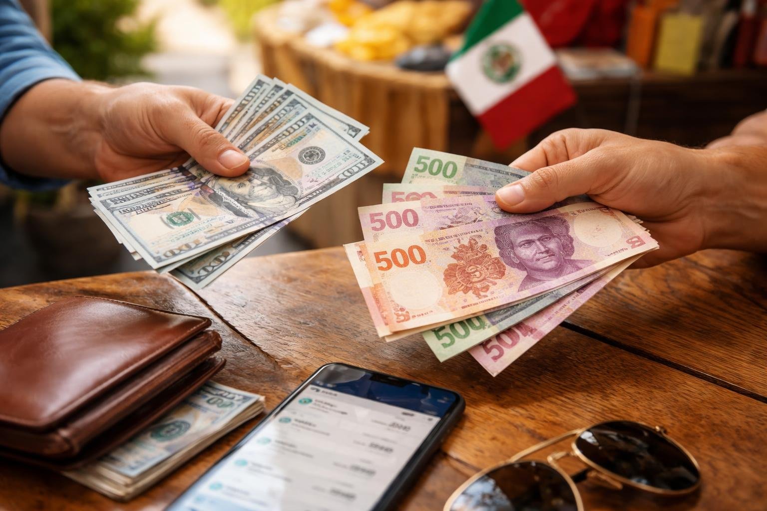 Hands exchanging US dollars and Mexican pesos over a wooden table with a small Mexican flag in the background.