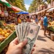 A hand holding US dollar bills including a fifty-dollar bill in a busy Dominican Republic street market with colorful fruit stalls and vendors.