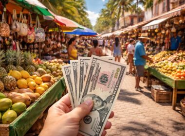 A hand holding US dollar bills including a fifty-dollar bill in a busy Dominican Republic street market with colorful fruit stalls and vendors.
