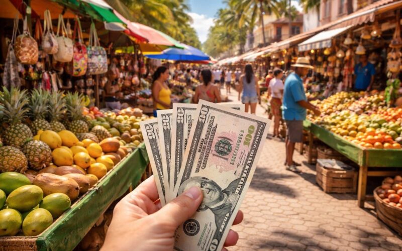 A hand holding US dollar bills including a fifty-dollar bill in a busy Dominican Republic street market with colorful fruit stalls and vendors.