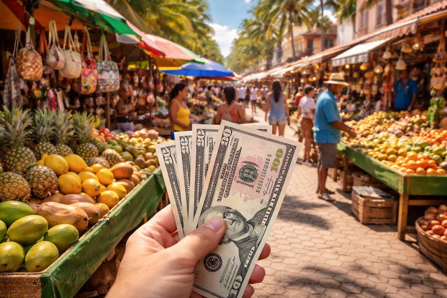 A hand holding US dollar bills including a fifty-dollar bill in a busy Dominican Republic street market with colorful fruit stalls and vendors.
