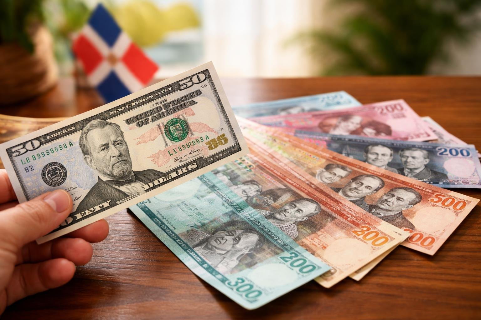 A hand holding a fifty-dollar US bill next to several Dominican peso banknotes on a wooden table with a small Dominican flag in the background.