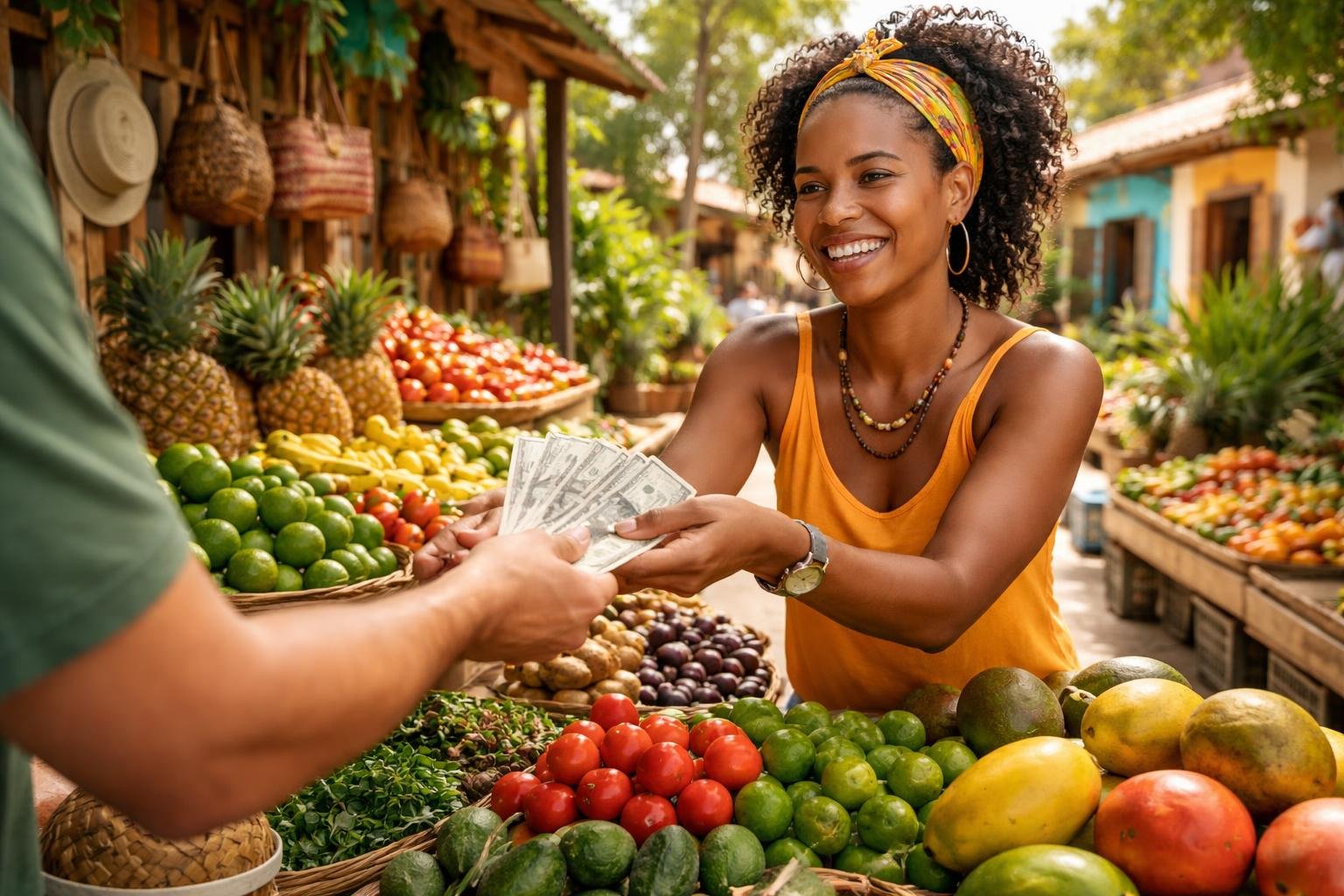 A person paying a local vendor with US dollars at a colorful outdoor market in the Dominican Republic.