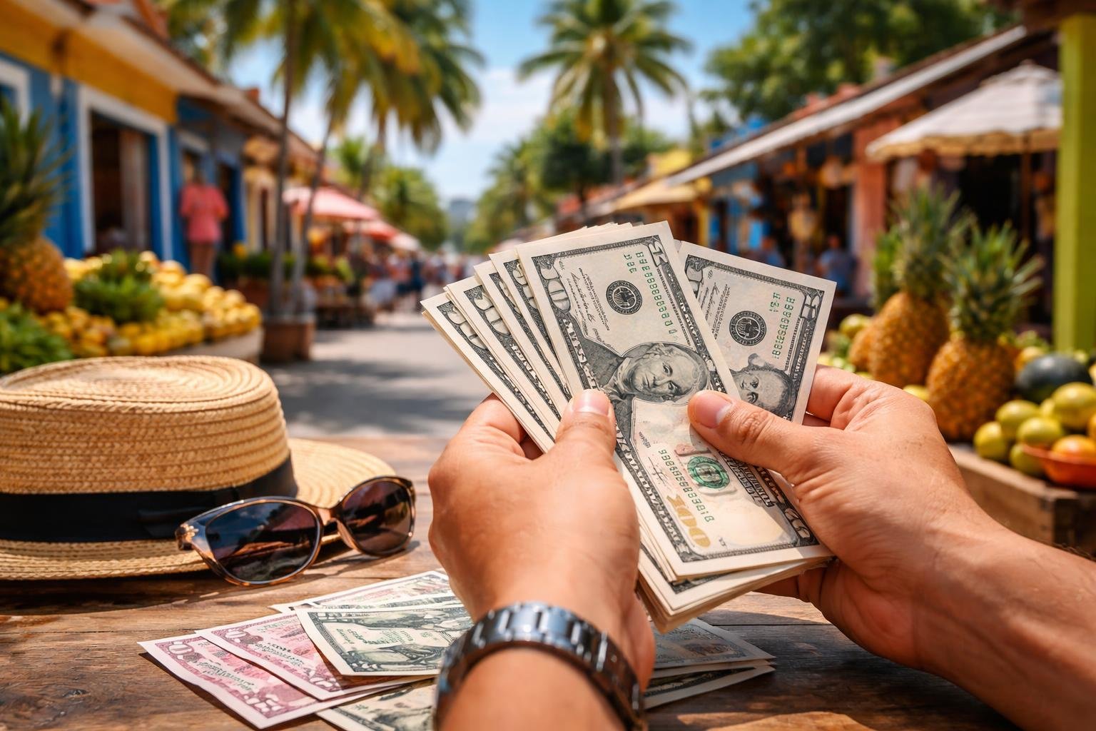 Hands counting fifty dollar bills with a colorful Dominican Republic street market in the background.