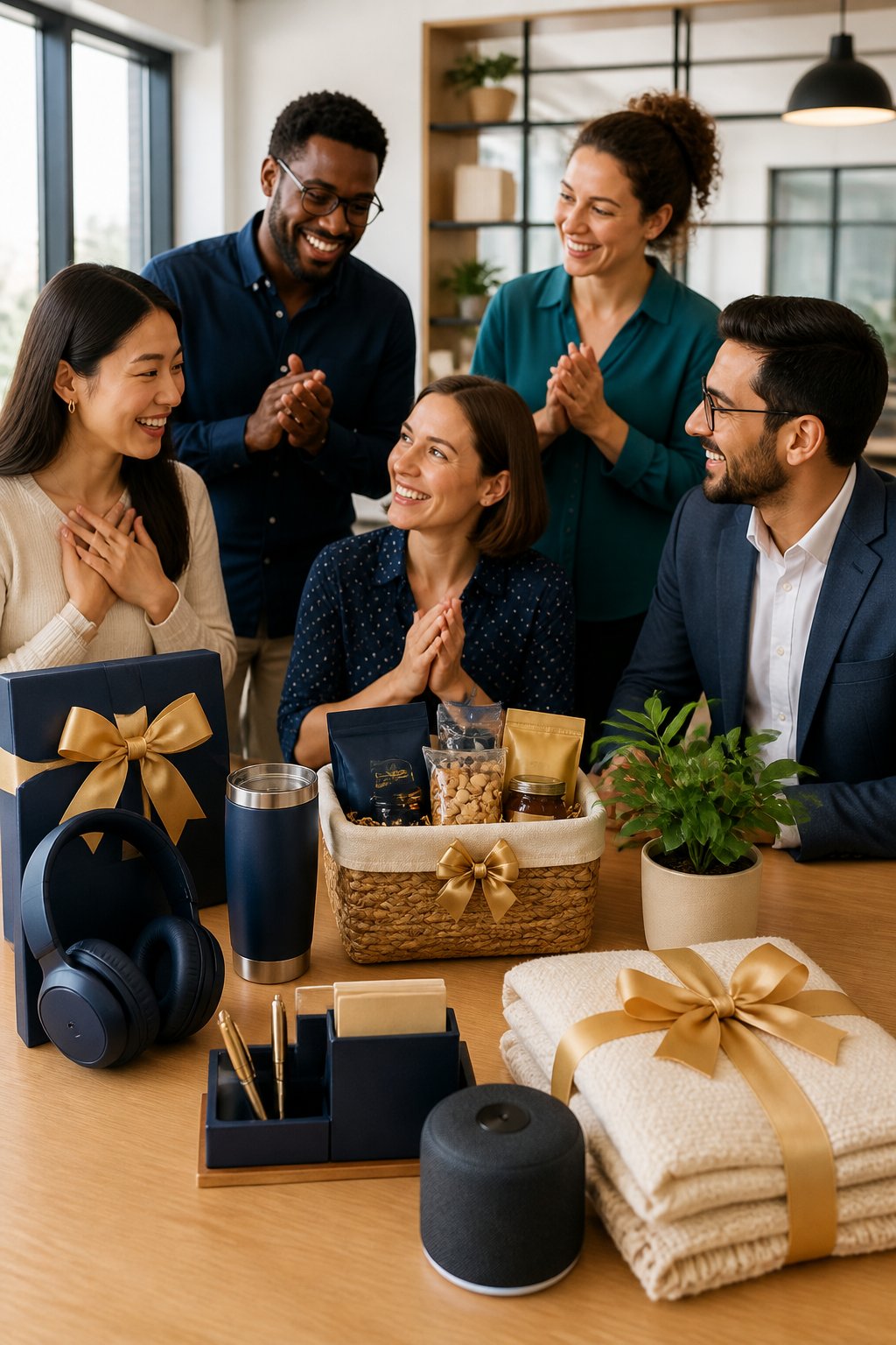 Coworkers smiling around a selection of thoughtful gifts in a modern office.