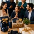 Coworkers smiling around a selection of thoughtful gifts in a modern office.