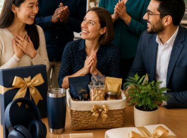 Coworkers smiling around a selection of thoughtful gifts in a modern office.