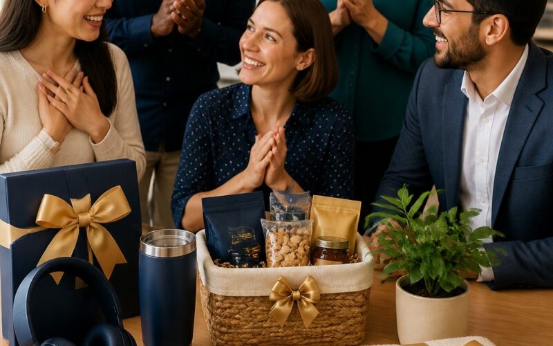 Coworkers smiling around a selection of thoughtful gifts in a modern office.
