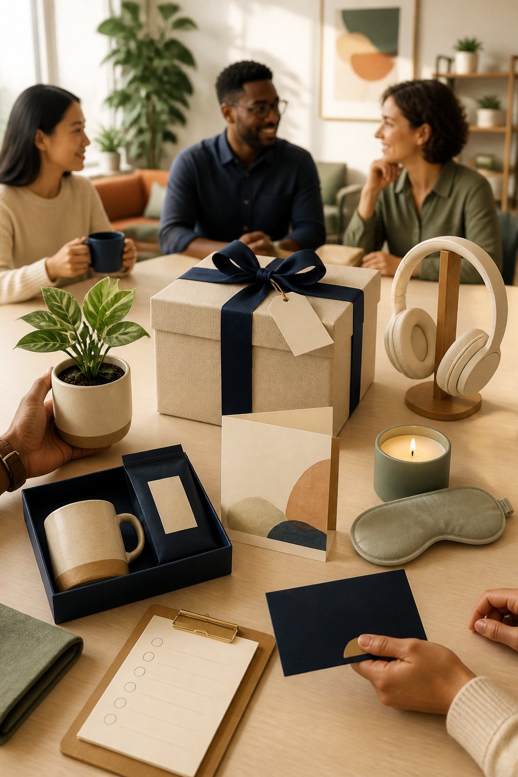 A thoughtfully arranged selection of employee gifts around a wrapped present in a modern workplace.