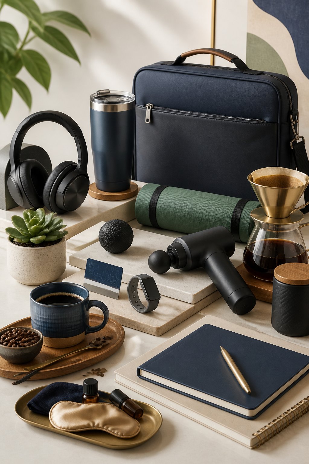A curated arrangement of premium employee gifts representing wellness, productivity, travel, hobbies, and everyday comfort.