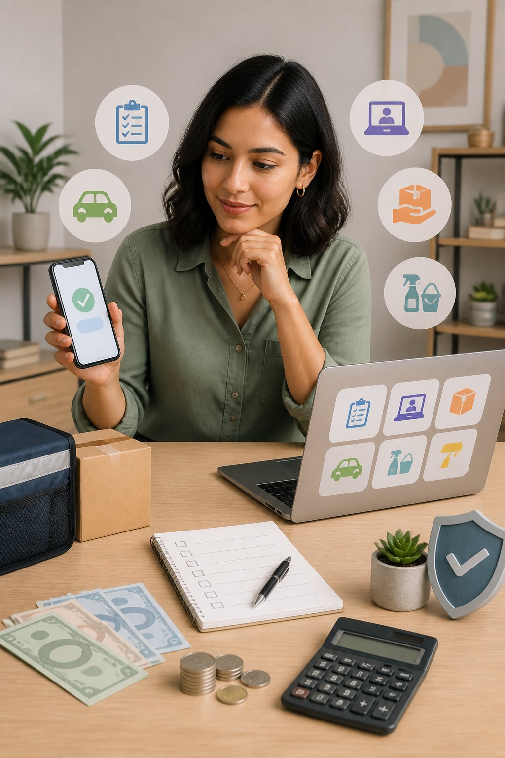 An adult reviews several legitimate ways to earn money quickly at a desk with a phone, laptop, calculator, package, and coins.