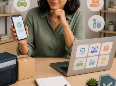 An adult reviews several legitimate ways to earn money quickly at a desk with a phone, laptop, calculator, package, and coins.
