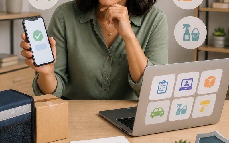 An adult reviews several legitimate ways to earn money quickly at a desk with a phone, laptop, calculator, package, and coins.