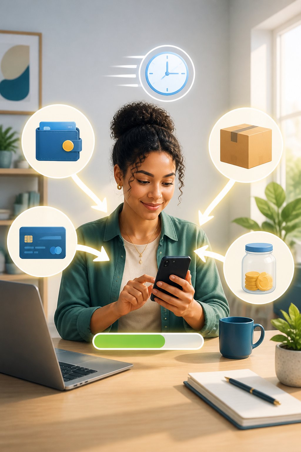 A person using a smartphone as several pathways to quick financial access are represented by a digital wallet, bank card, delivery package, and savings jar.