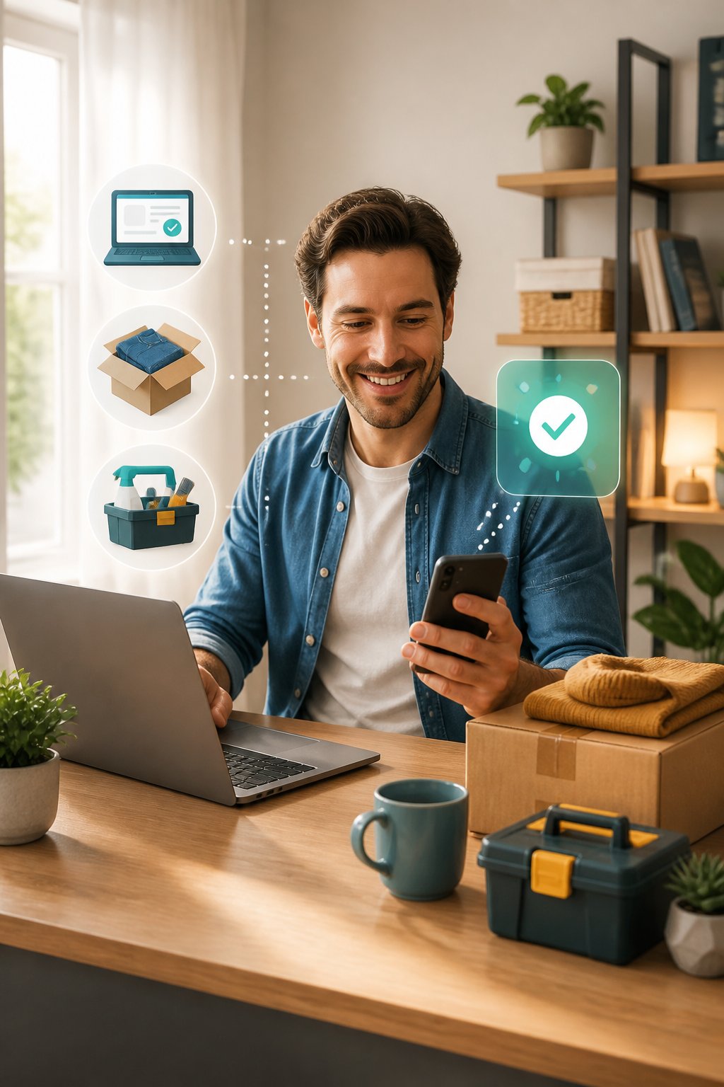 A person completes several practical income tasks at a home workspace using a laptop and smartphone.