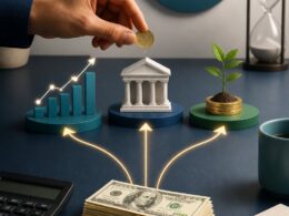 A small amount of money divided among savings, investments, and a growing seedling.