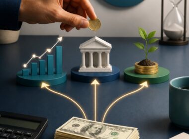 A small amount of money divided among savings, investments, and a growing seedling.