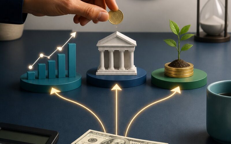 A small amount of money divided among savings, investments, and a growing seedling.