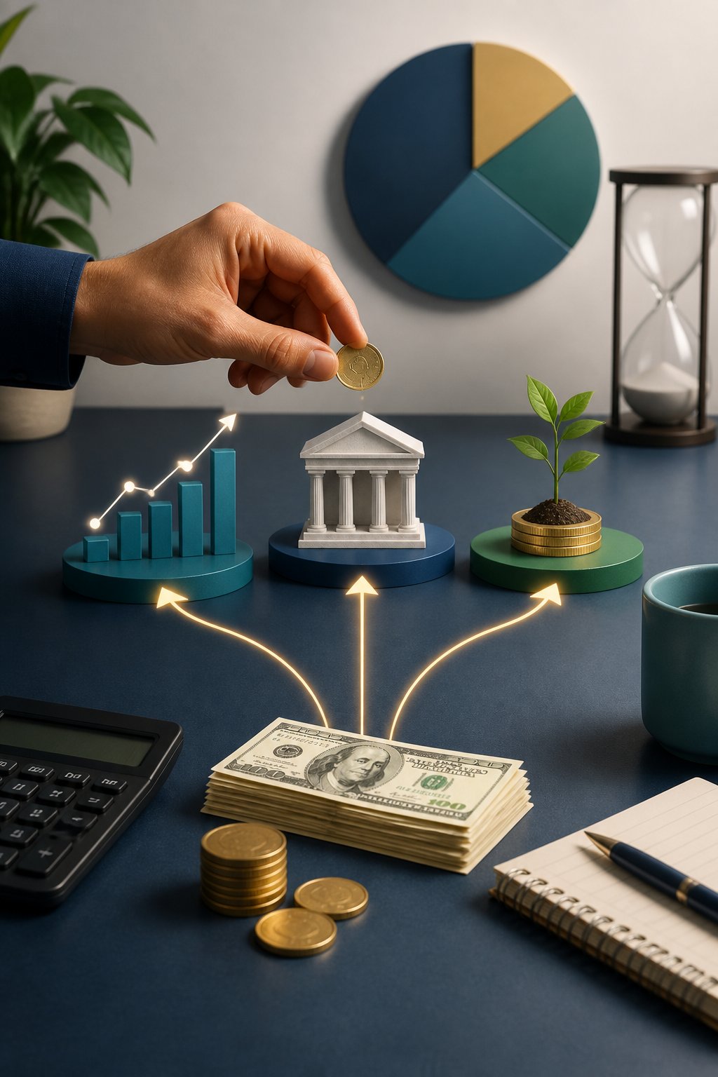 A small amount of money divided among savings, investments, and a growing seedling.