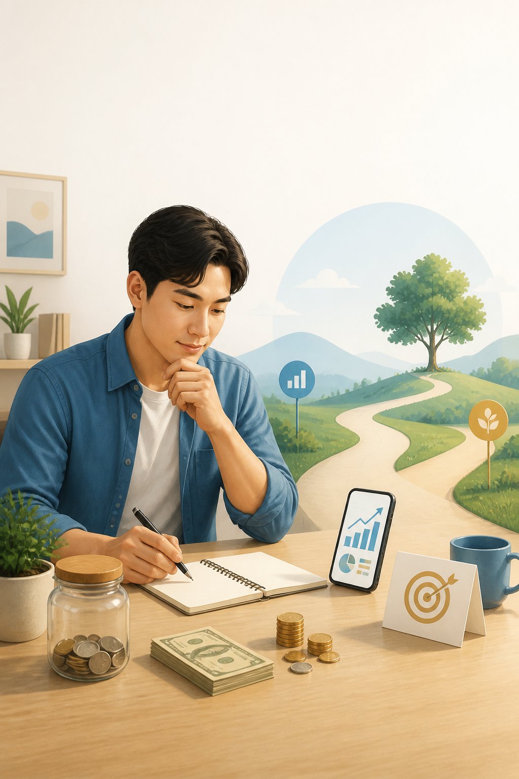 A person prepares a small investment plan with cash, coins, a smartphone, a notebook, and a goal symbol on a desk.
