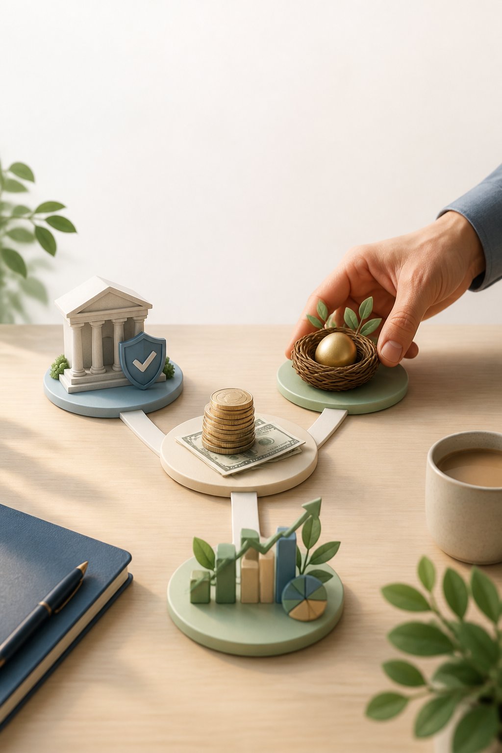 A small amount of money is shown beside symbols for savings, retirement, and investing accounts.