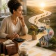 A person plans how to make savings last using a calculator, coins, household expenses, and a long calendar path.