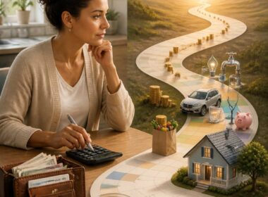 A person plans how to make savings last using a calculator, coins, household expenses, and a long calendar path.