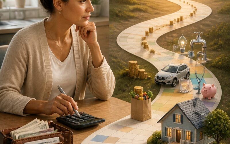 A person plans how to make savings last using a calculator, coins, household expenses, and a long calendar path.