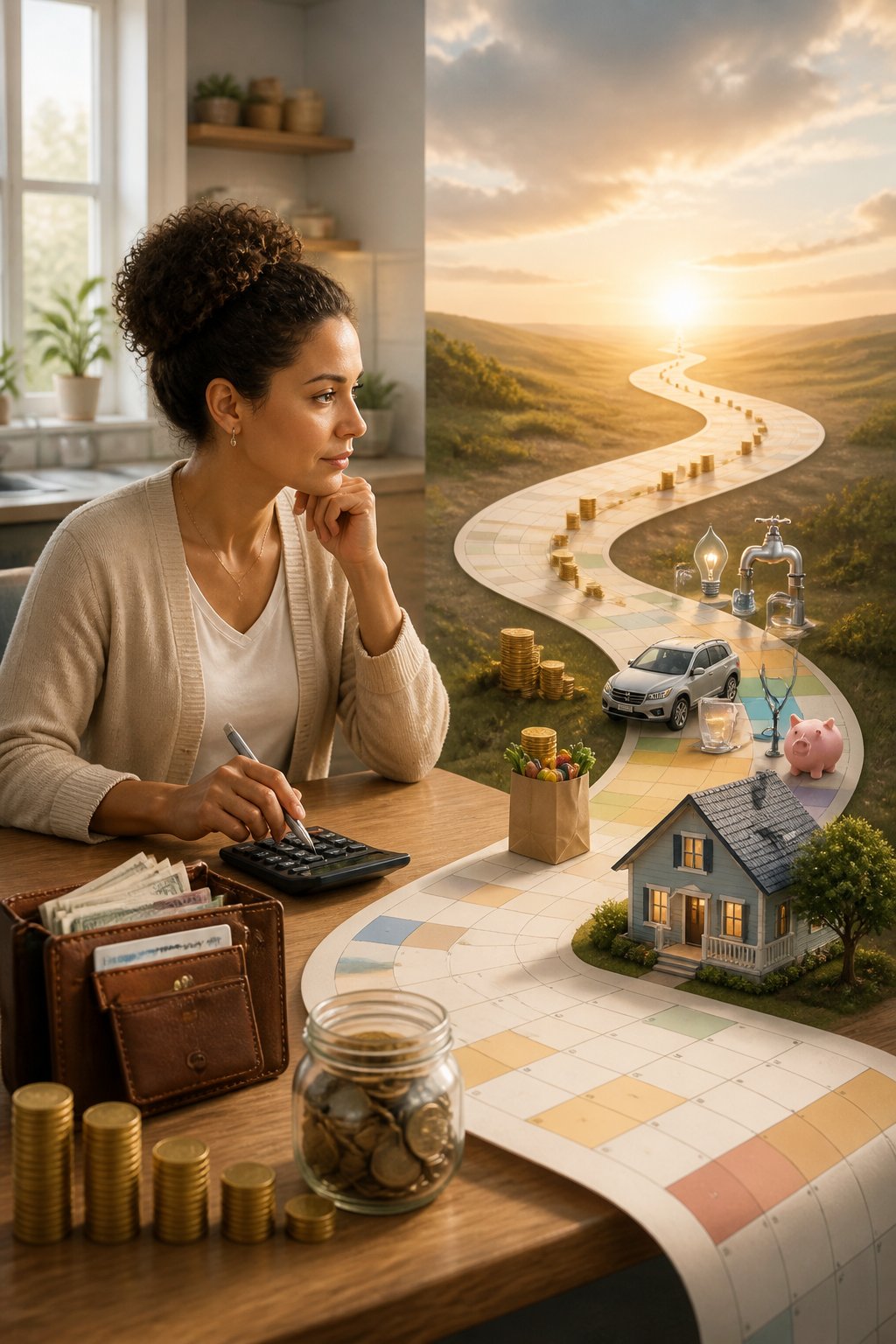A person plans how to make savings last using a calculator, coins, household expenses, and a long calendar path.