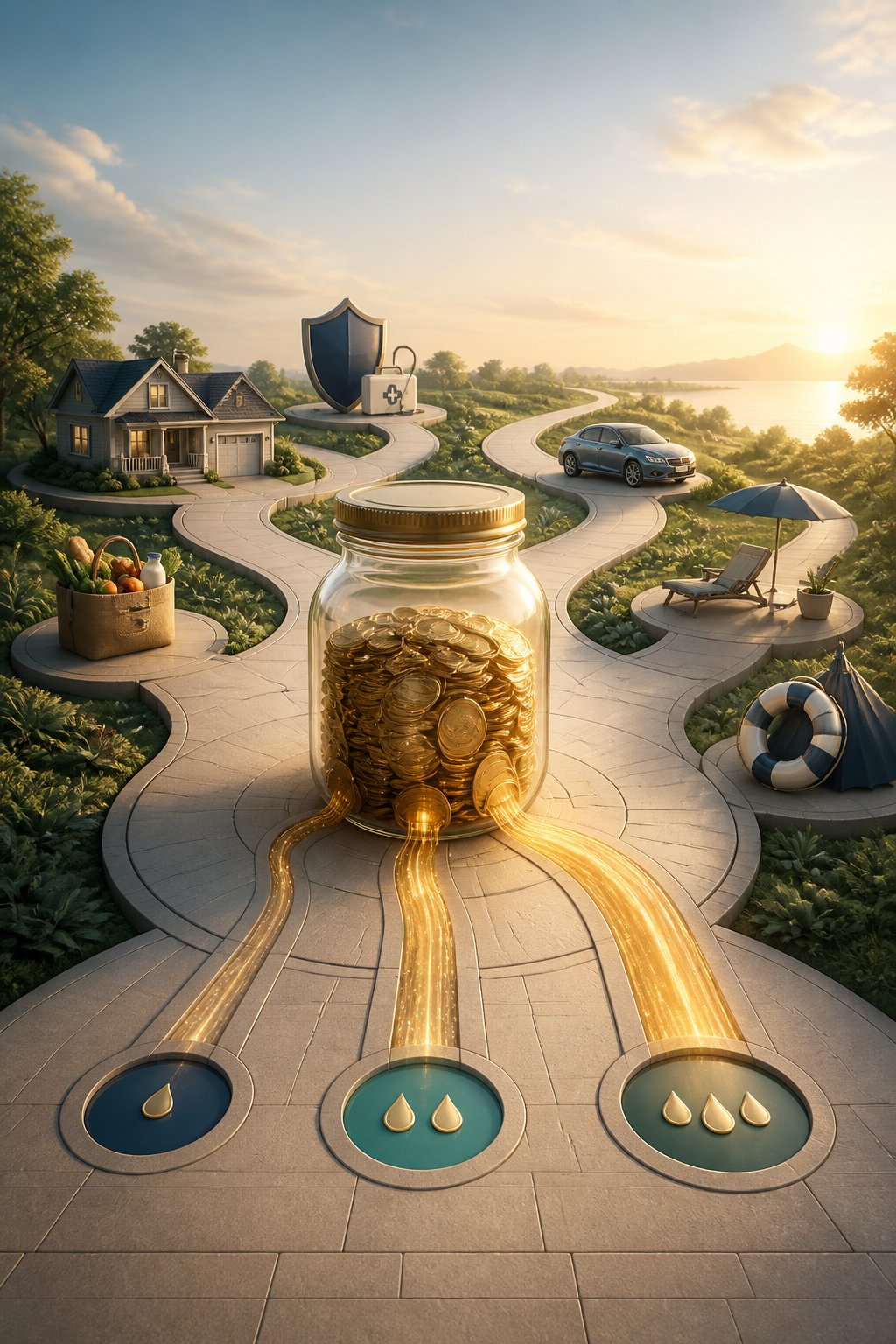 A savings jar on a pathway with different withdrawal streams and retirement lifestyle milestones.