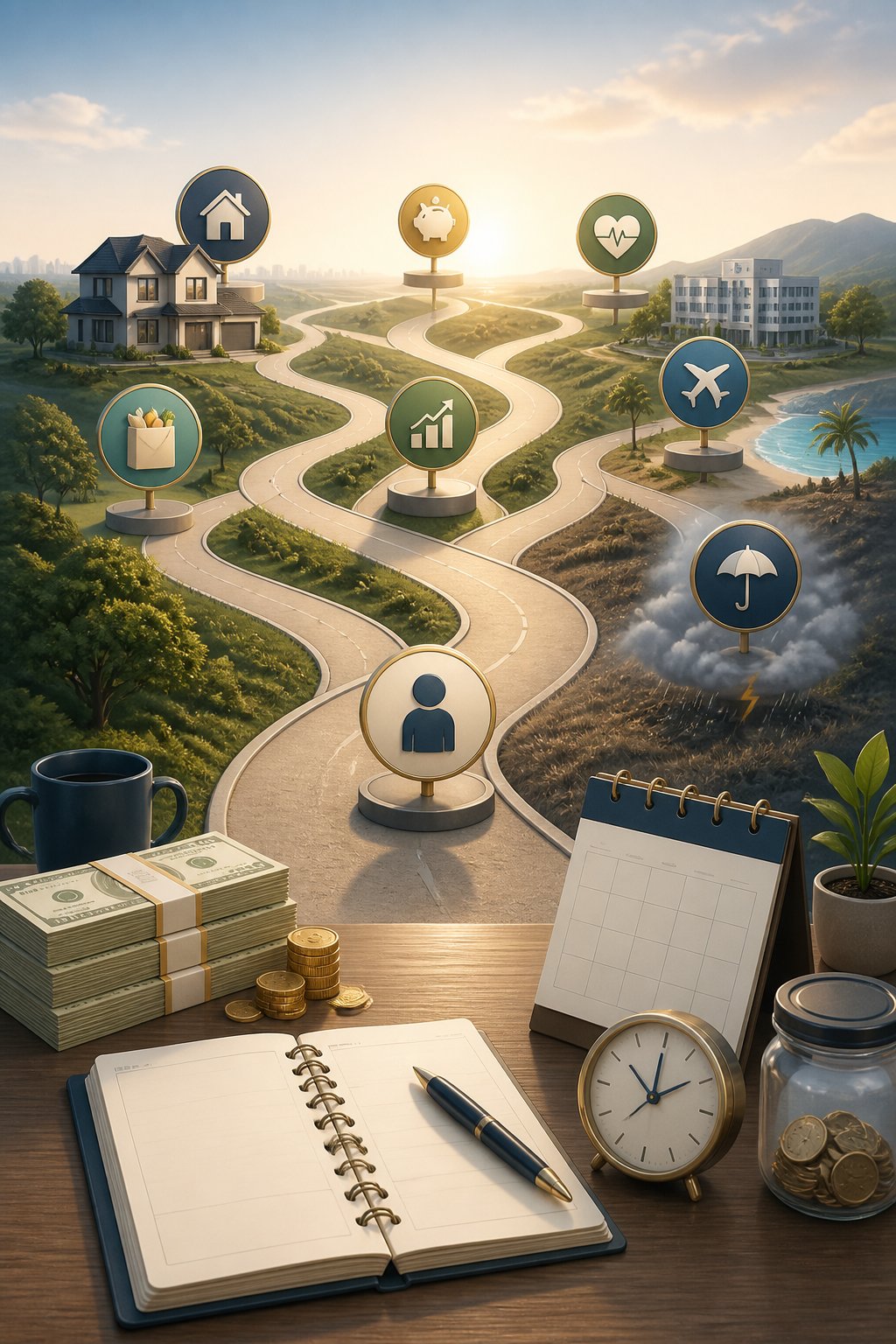 A financial timeline branches into different paths beside savings, budgeting, calendar, clock, and everyday expense symbols.