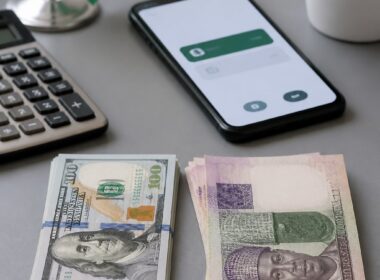 US dollar and Nigerian naira banknotes arranged beside a calculator and smartphone on a desk.