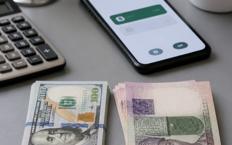 US dollar and Nigerian naira banknotes arranged beside a calculator and smartphone on a desk.