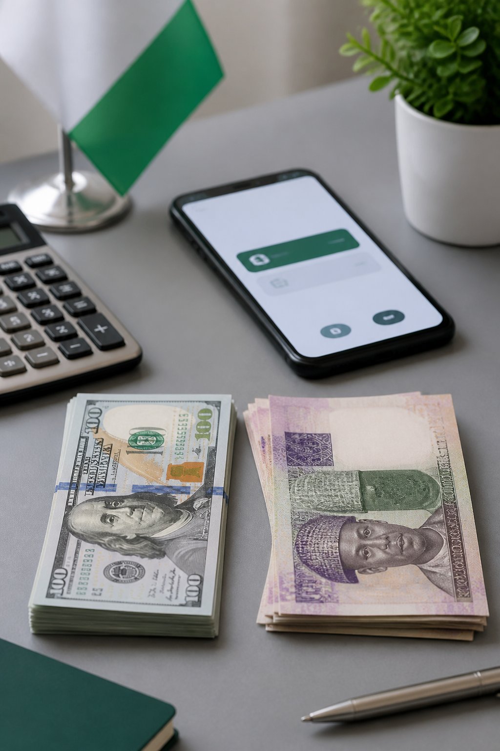 US dollar and Nigerian naira banknotes arranged beside a calculator and smartphone on a desk.