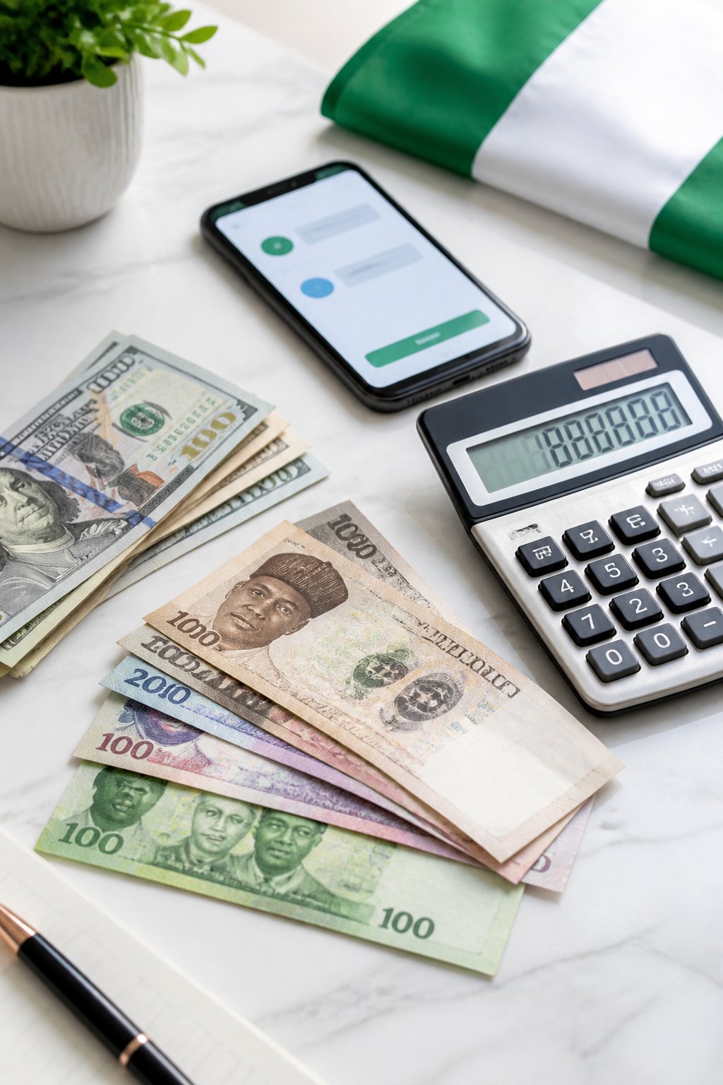 US dollar bills, Nigerian naira notes, and a calculator arranged on a desk.