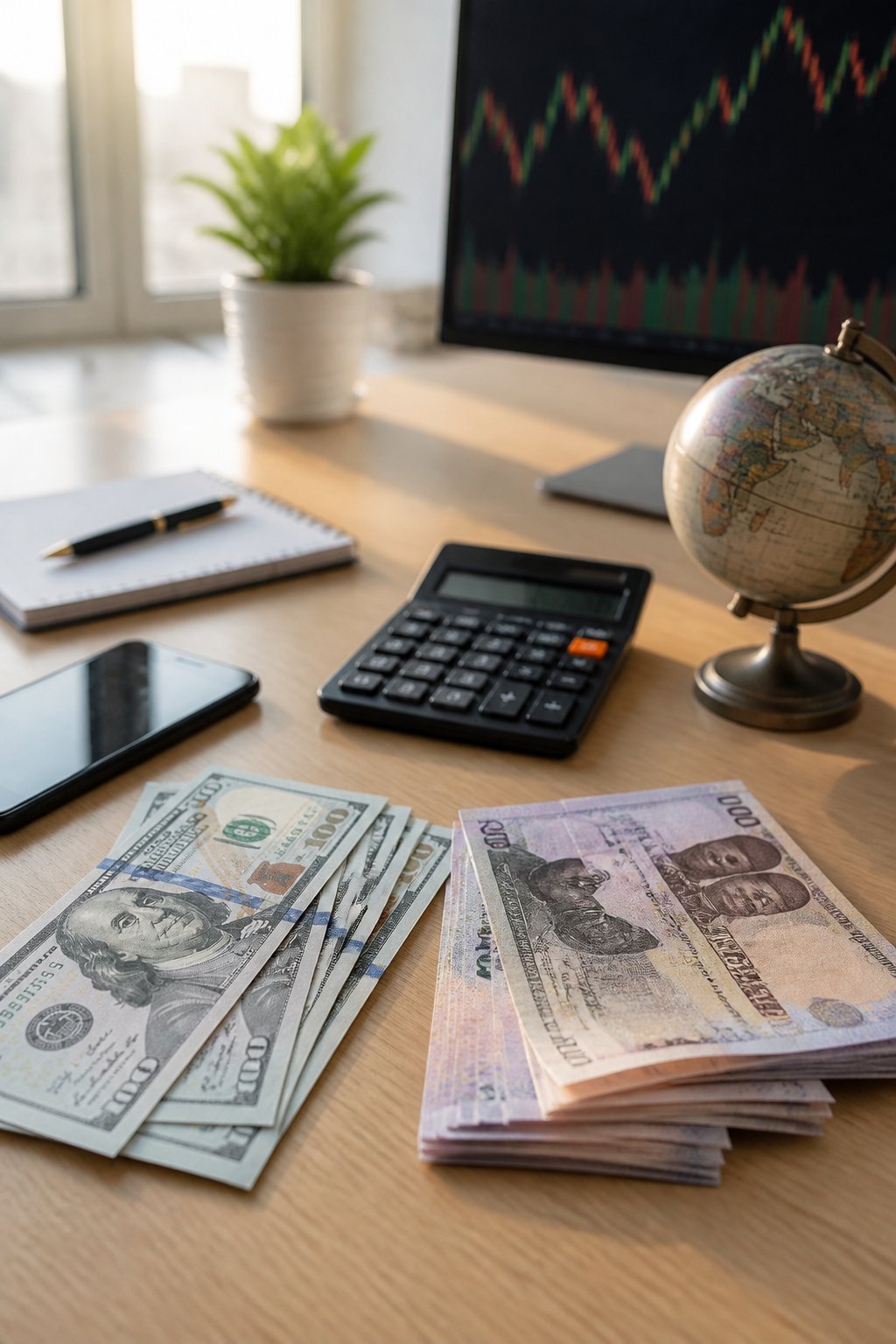 U.S. dollar and Nigerian naira banknotes arranged beside a calculator on a financial workspace.