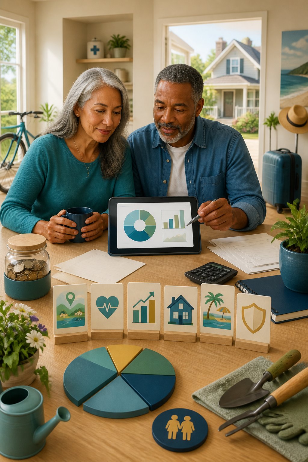 A retired couple reviews their finances at a table surrounded by symbols of housing, travel, healthcare, savings, and daily expenses.