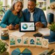 A retired couple reviews their finances at a table surrounded by symbols of housing, travel, healthcare, savings, and daily expenses.