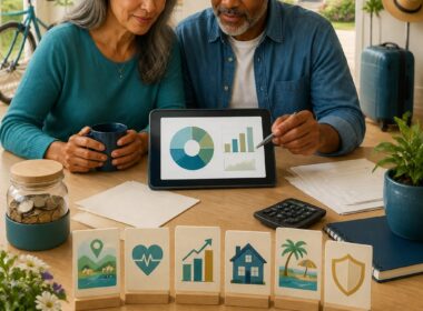 A retired couple reviews their finances at a table surrounded by symbols of housing, travel, healthcare, savings, and daily expenses.