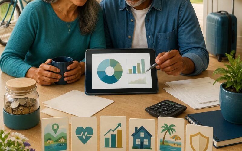 A retired couple reviews their finances at a table surrounded by symbols of housing, travel, healthcare, savings, and daily expenses.