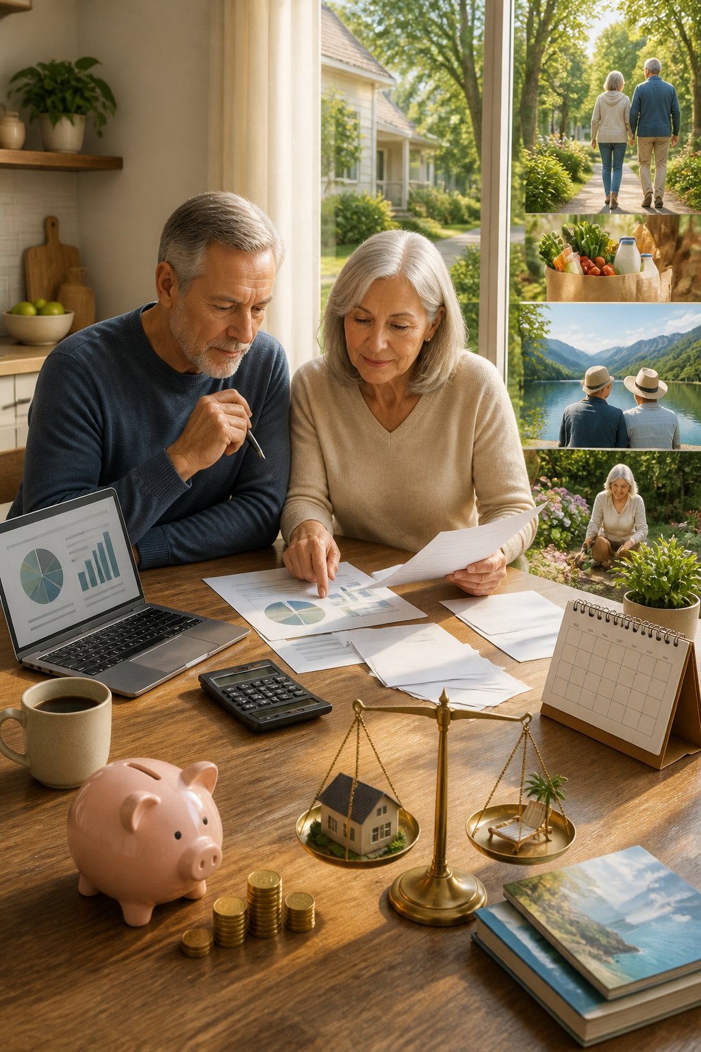 A retired couple reviews household finances at a table in a comfortable home while considering everyday expenses and leisure plans.