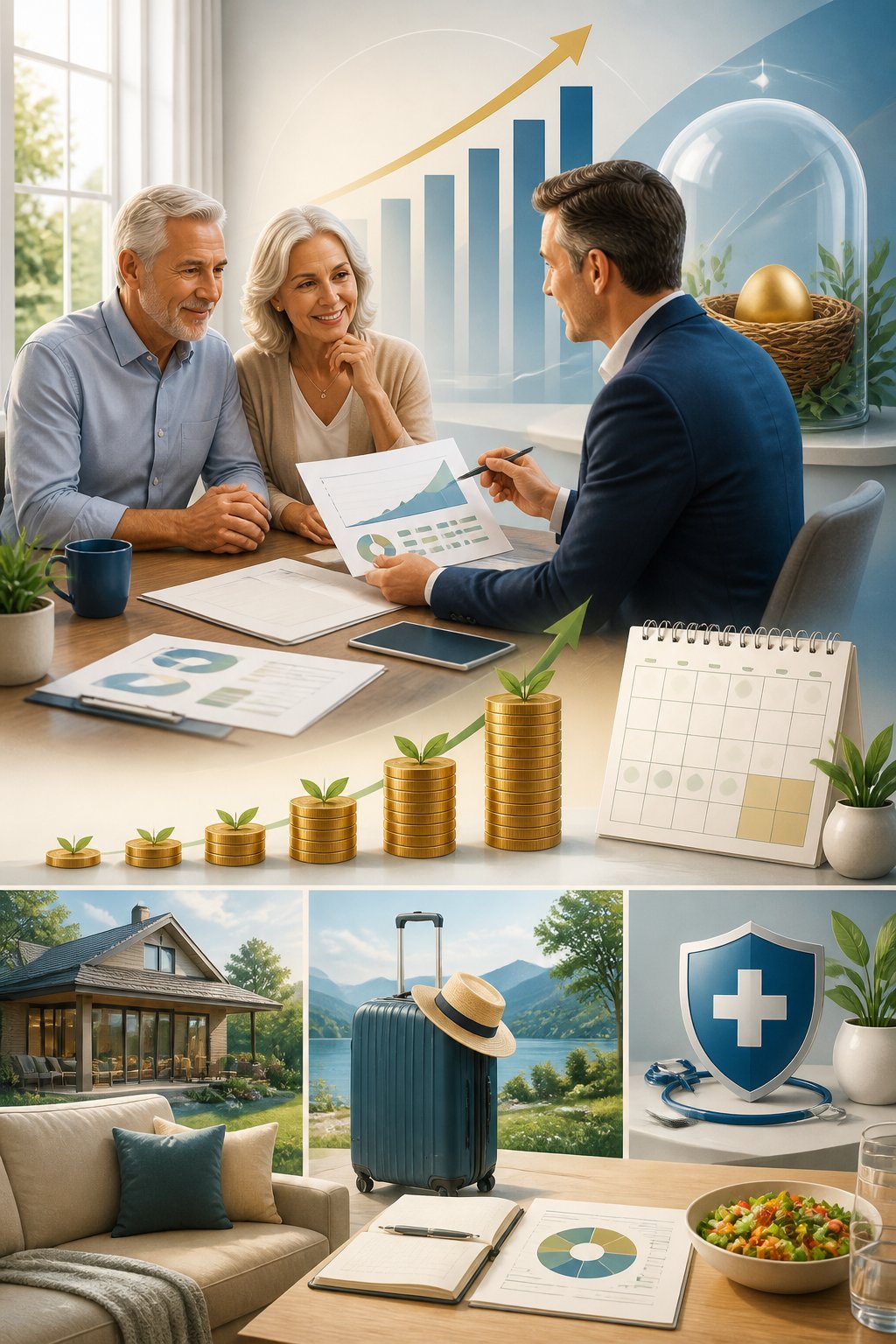 An older couple meets with a financial advisor to review retirement savings and income planning.